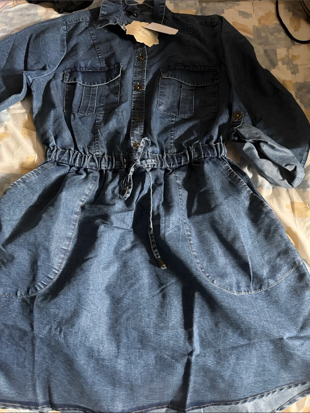 Women's Indigo Denim High-Low Shirt Dress with Drawstring Waist - Picture 9 of 9